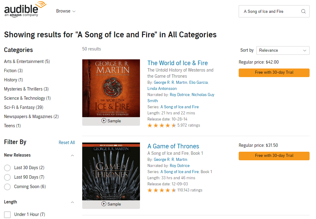 audible audiobook a song of ice and fire