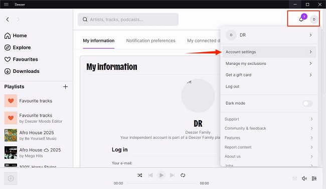account settings in deezer desktop app
