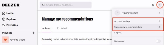 account settings in deezer web player