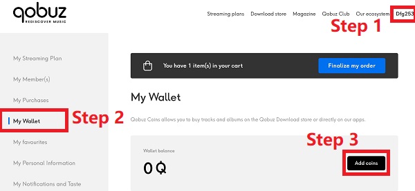 add coins to qobuz wallet