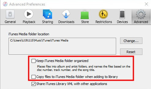 advanced setting in iTunes