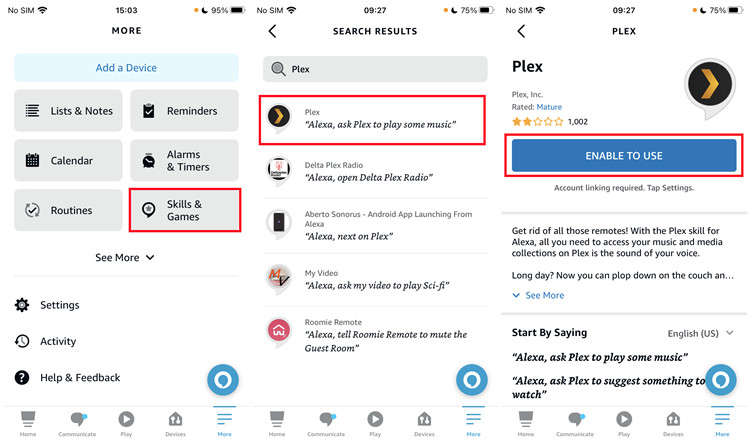 alexa app plex skill enable