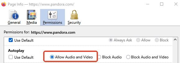allow pandora audio and video on firefox