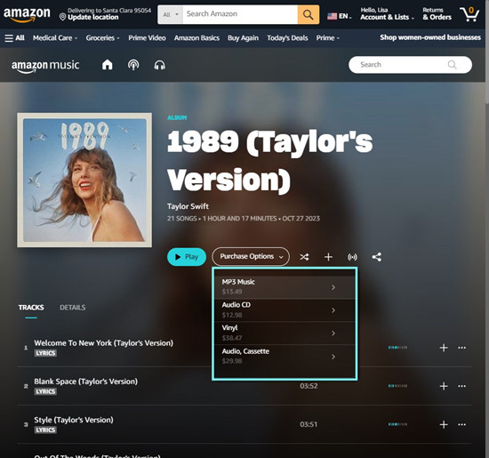 amazon digital music album purchase options