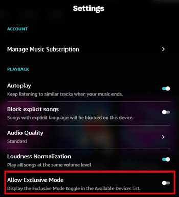 amazon music allow exclusive mode toggle