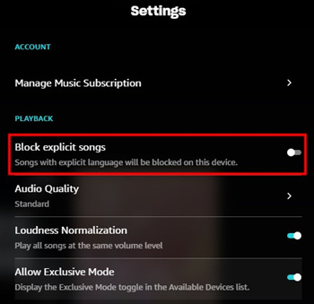 amazon music block explicit songs off windows