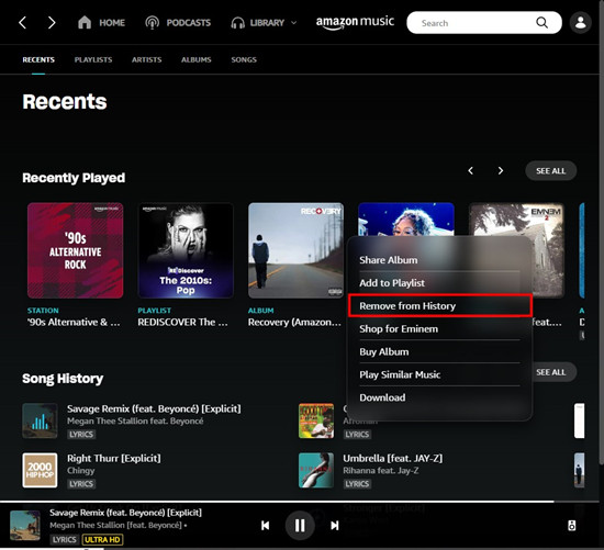 amazon music desktop app recently played-remove