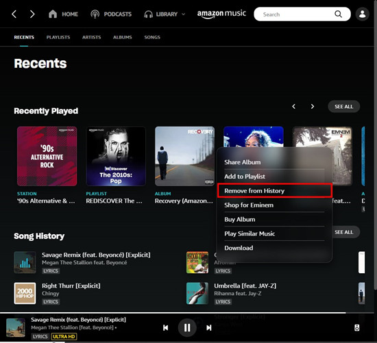 amazon music desktop app recently played remove