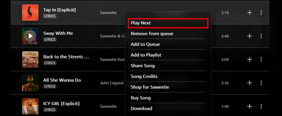 amazon music desktop queue song play next
