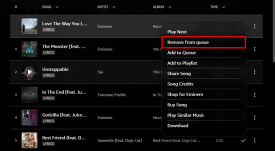 amazon music desktop remove from queue