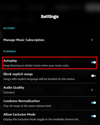 amazon music desktop settings autoplay on
