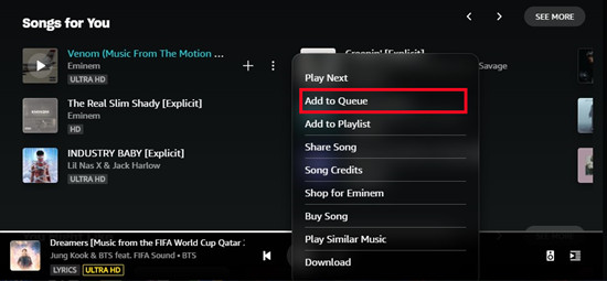 amazon music desktop song add to queue