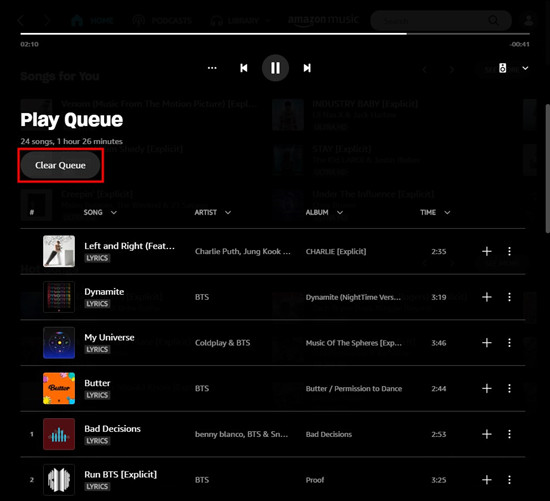 amazon music destkop clear queue