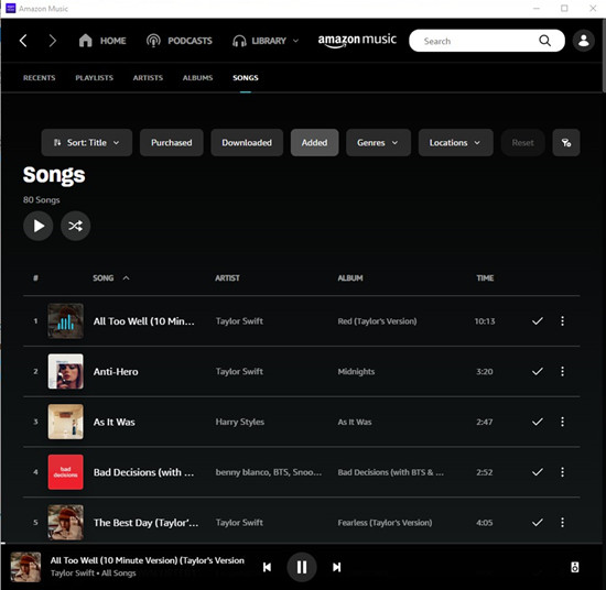 amazon music selected folder songs added