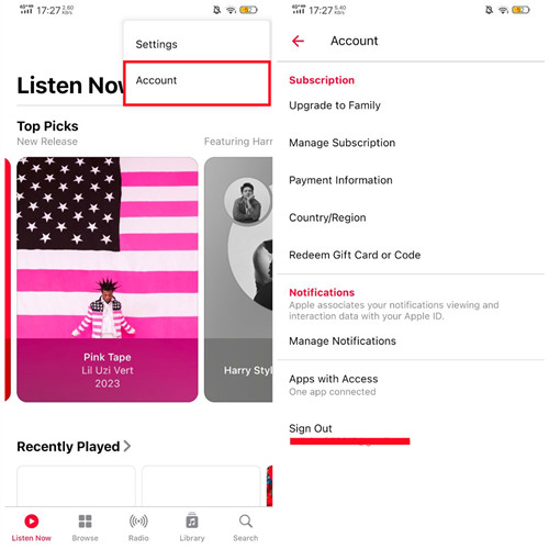 android apple music account sign out
