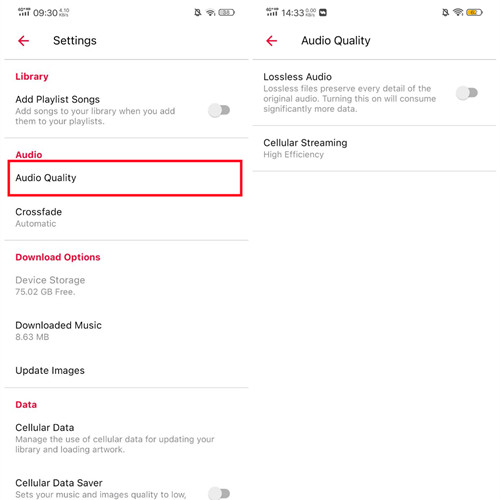 android apple music settings adjust audio quality
