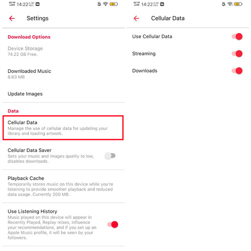 android apple music settings use cellular data