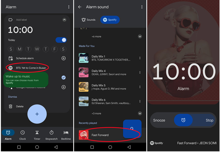 android clock set spotify as alarm