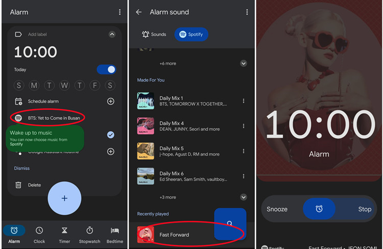 android clock set spotify as alarm