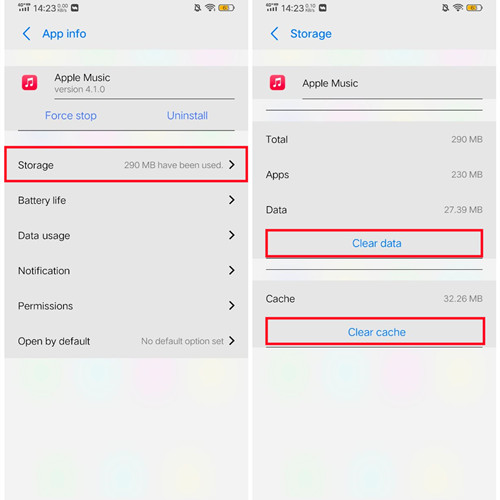 android settings apps apple music clear cache data