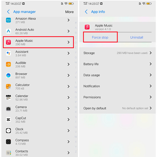 android settings apps apple music force stop
