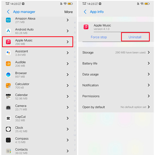 android settings apps apple music uninstall