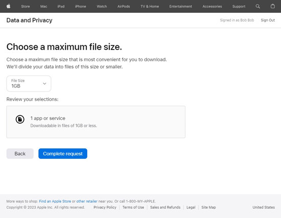 apple privacy request a copy chose a maximum file size