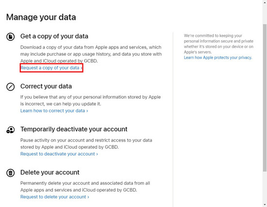 apple privacy request a copy of your account