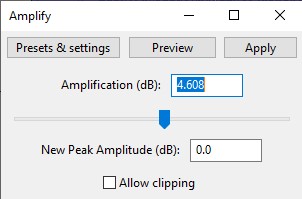 audacity effect volume amplify amount