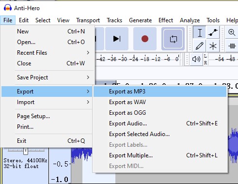 audacity export options