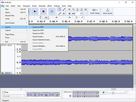 audacity recording file export export as