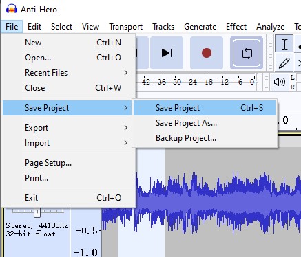 audacity save project