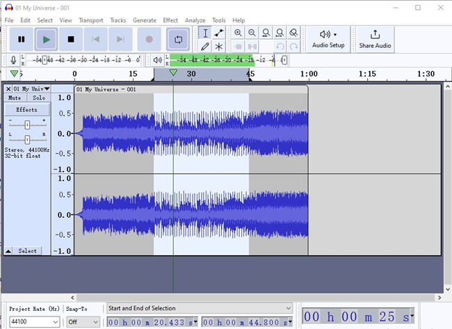 audacity selection song area