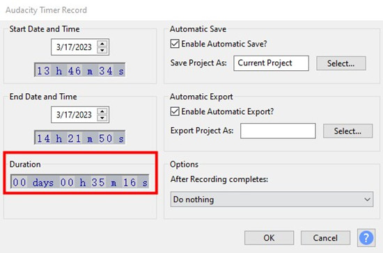 audacity timer record duration setting