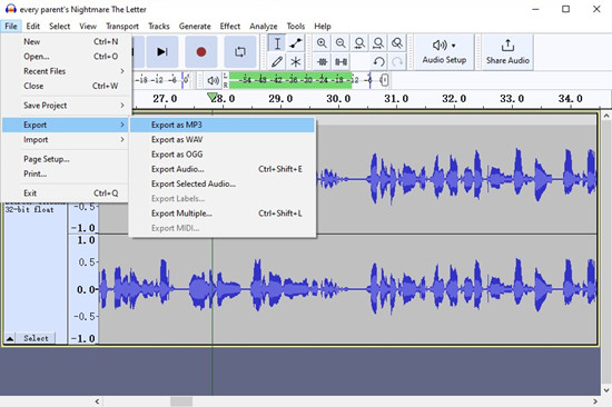 audacity timer record recording export as mp3