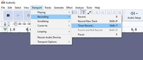 audacity transport recording timer record