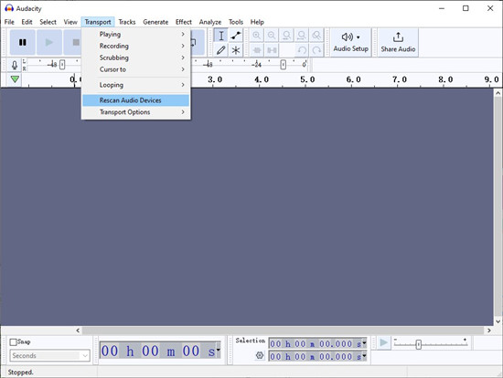 auduacity transport rescan audio devices