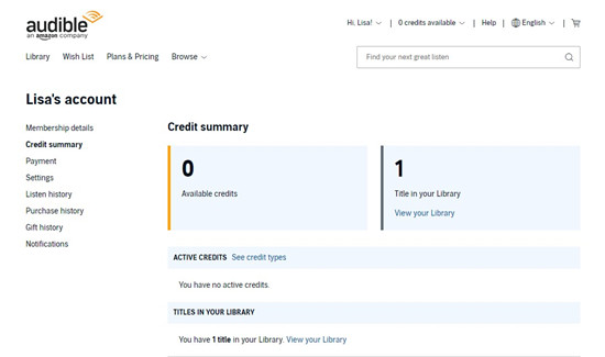 audible account deatils credit summary