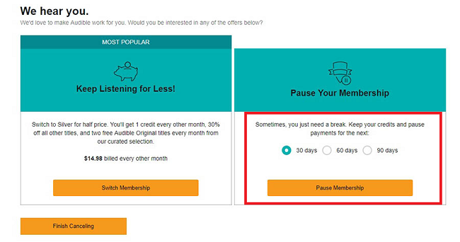 audible membership pause confirmation
