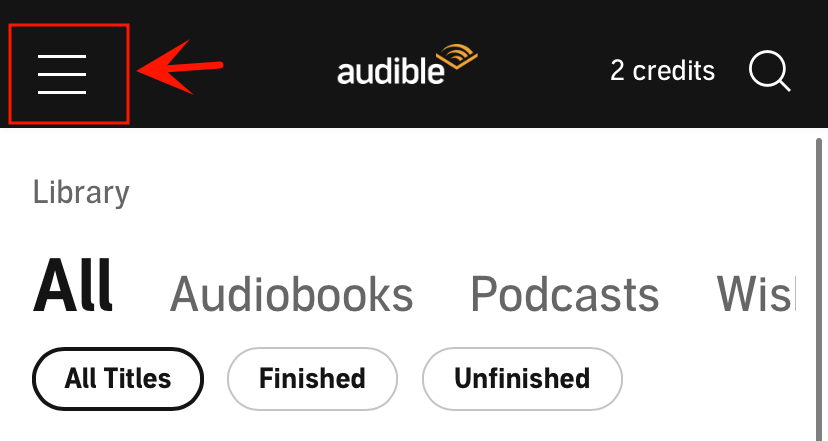 audible menu icon on mobile