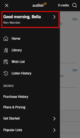 audible menu on mobile site