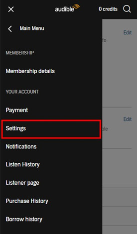 audible menu your account settings