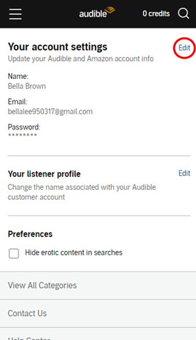 audible mobile site your account settings edit