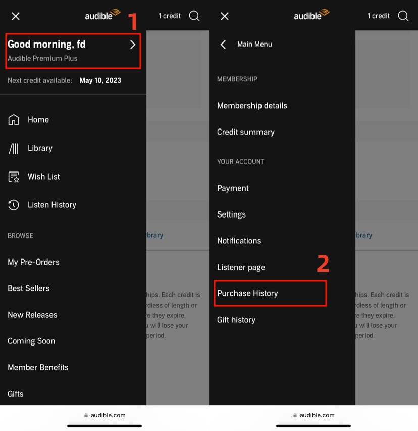 audible purchase history on mobile
