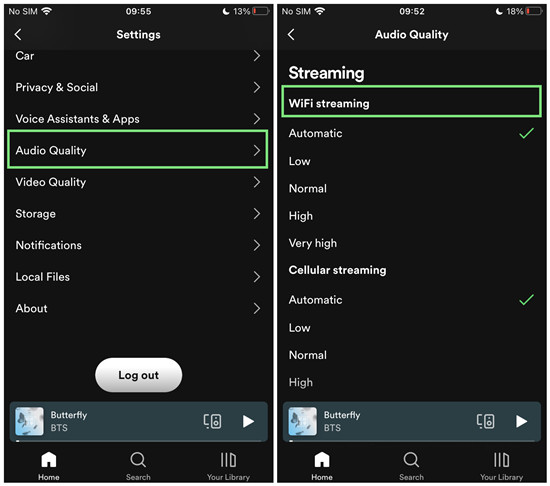 audio quality wifi streaming spotify settings ios