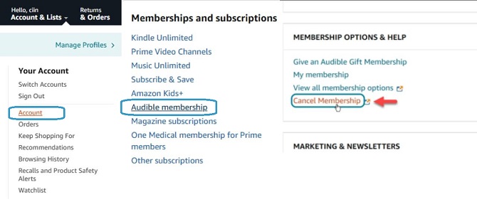 cancel audible membership on amazon