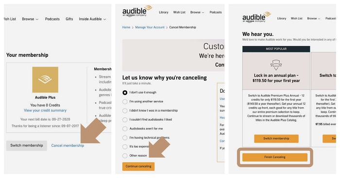 cancel membership with audible