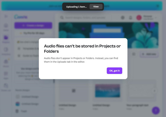 canva audio files cant be stored in projects or folder message