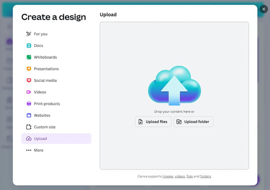 canva create a design upload files folder