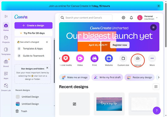 canva dashboard upload